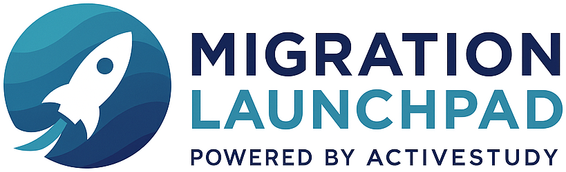 Migration Launchpad Logo Powered by Active Study (White Outline)